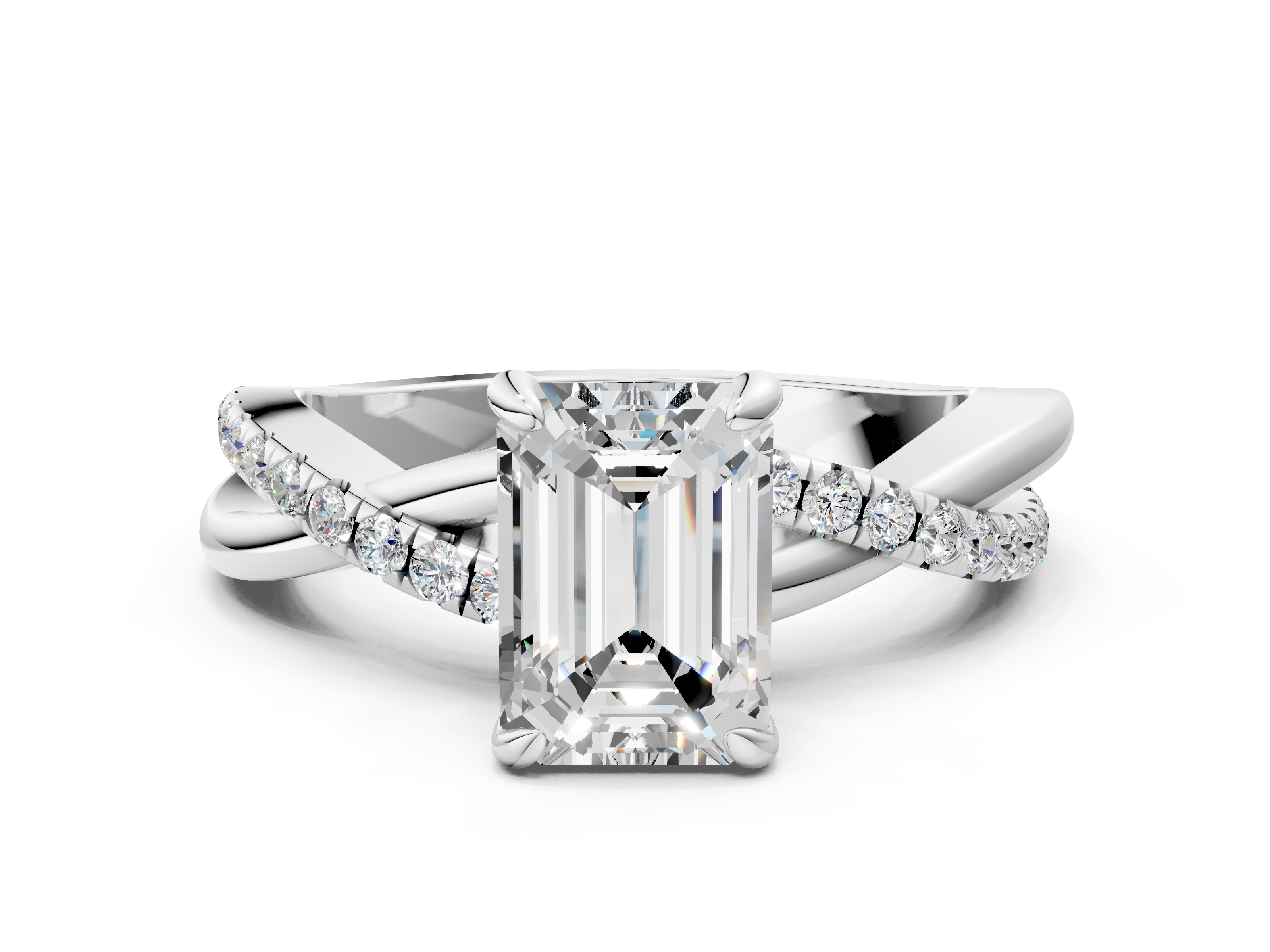 White gold Emerald Cut Diamond Twist Band Solitaire with Prong Setting_85