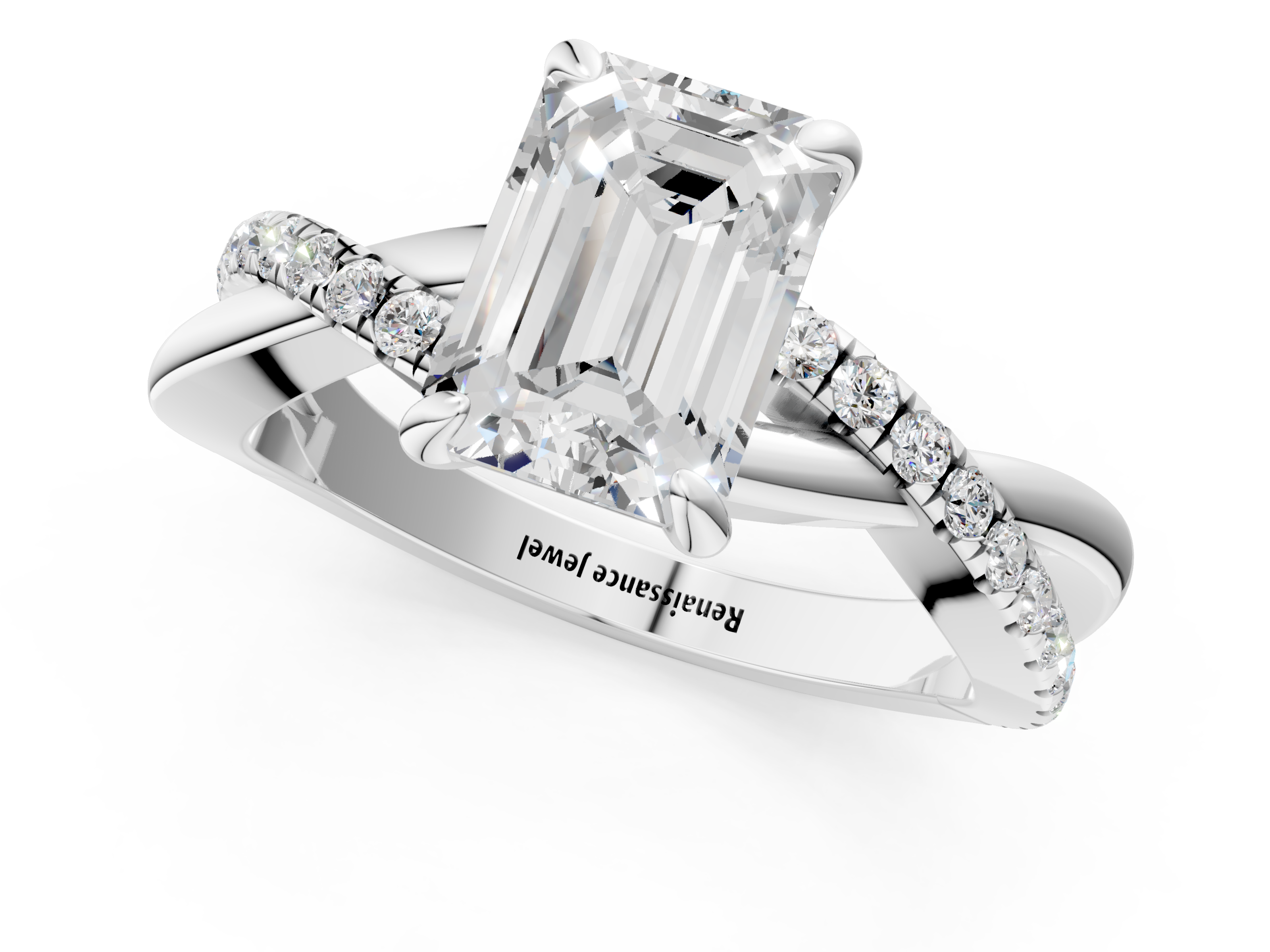 White gold Emerald Cut Diamond Twist Band Solitaire with Prong Setting_86