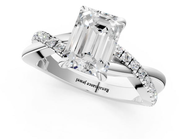 White Gold Emerald Cut Solitaire Engagement Ring Setting with Pave Crossover Twist Band