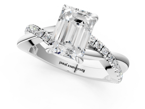 White gold Emerald Cut Diamond Twist Band Solitaire with Prong Setting_86