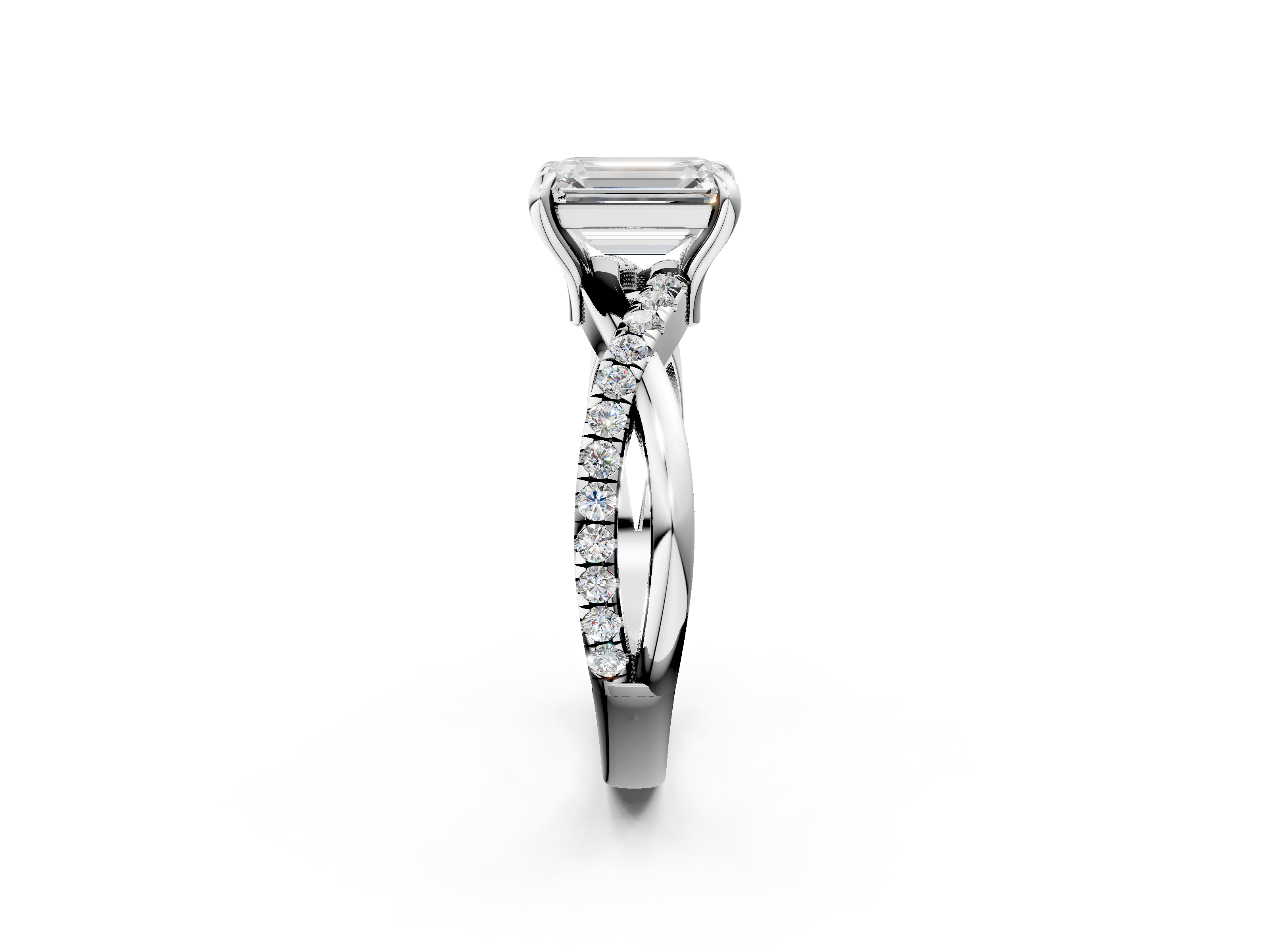 White gold Emerald Cut Diamond Twist Band Solitaire with Prong Setting_87