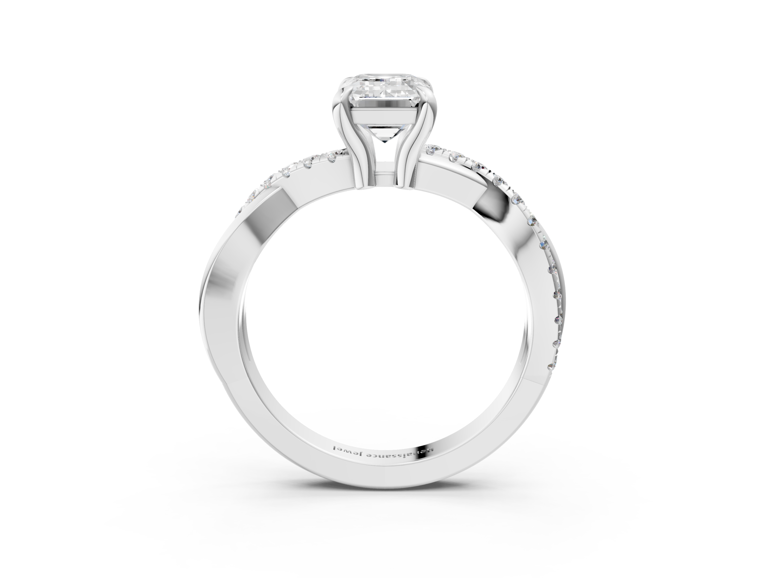 White gold Emerald Cut Diamond Twist Band Solitaire with Prong Setting_88