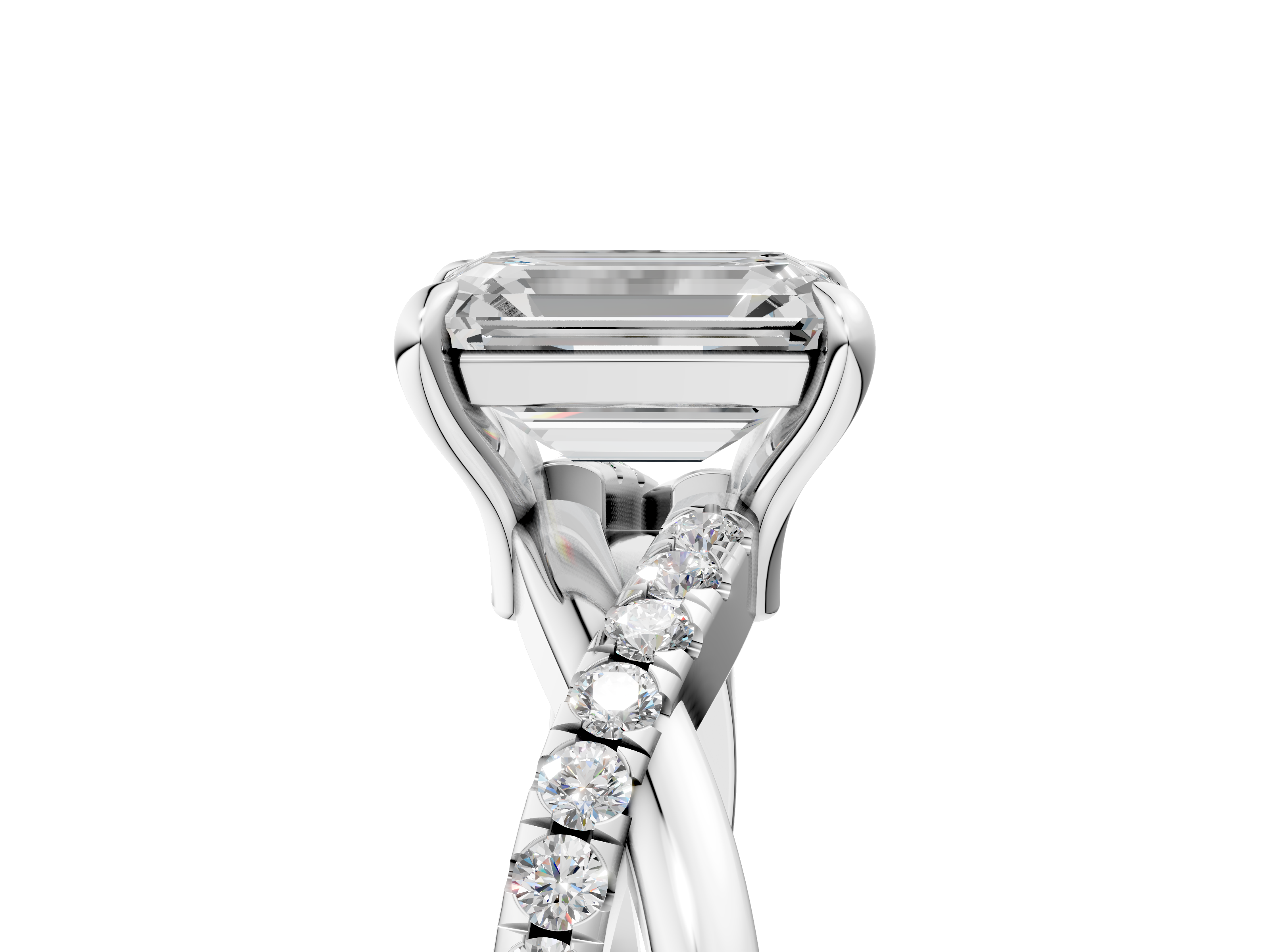 White gold Emerald Cut Diamond Twist Band Solitaire with Prong Setting_90