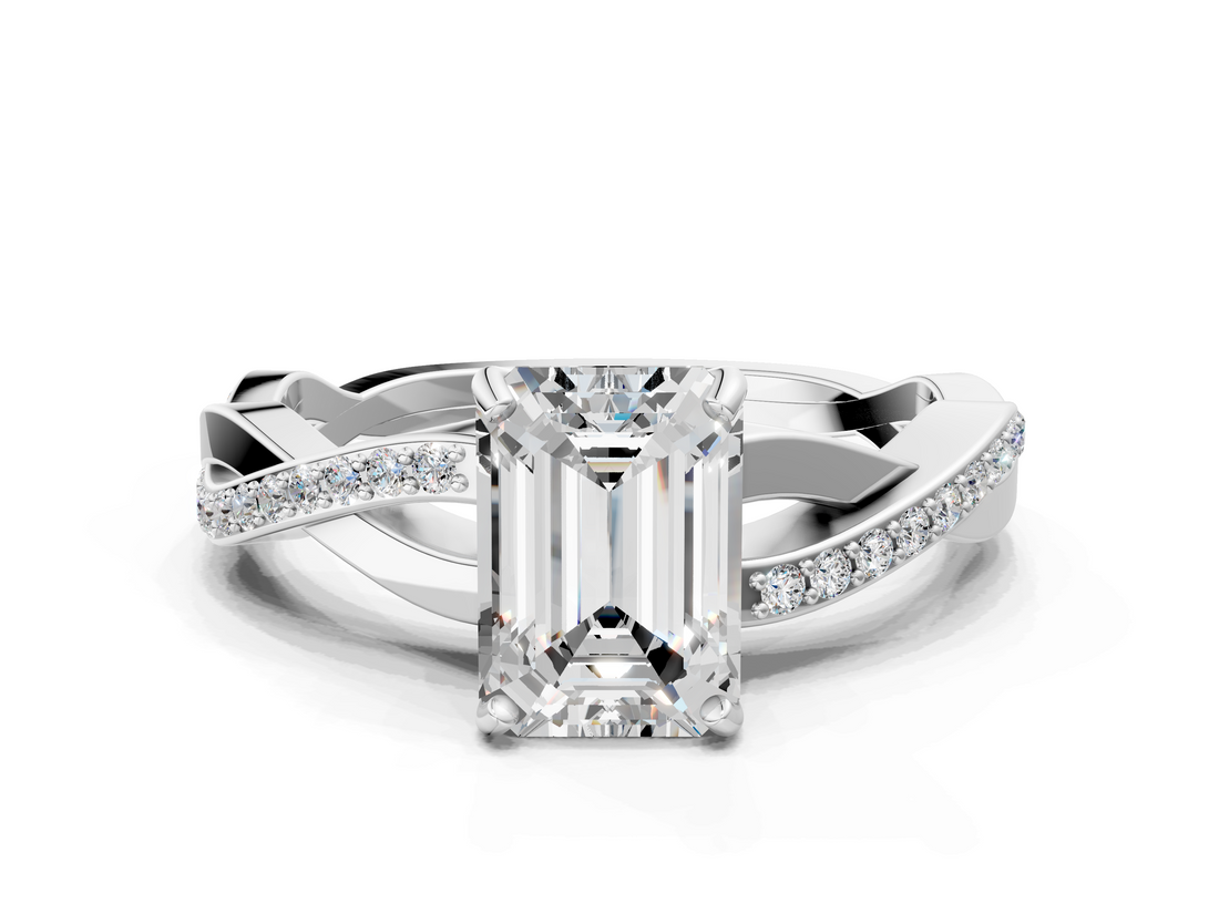 White gold Emerald Cut Diamond Twisted Band Engagement Ring with Prong Setting_39