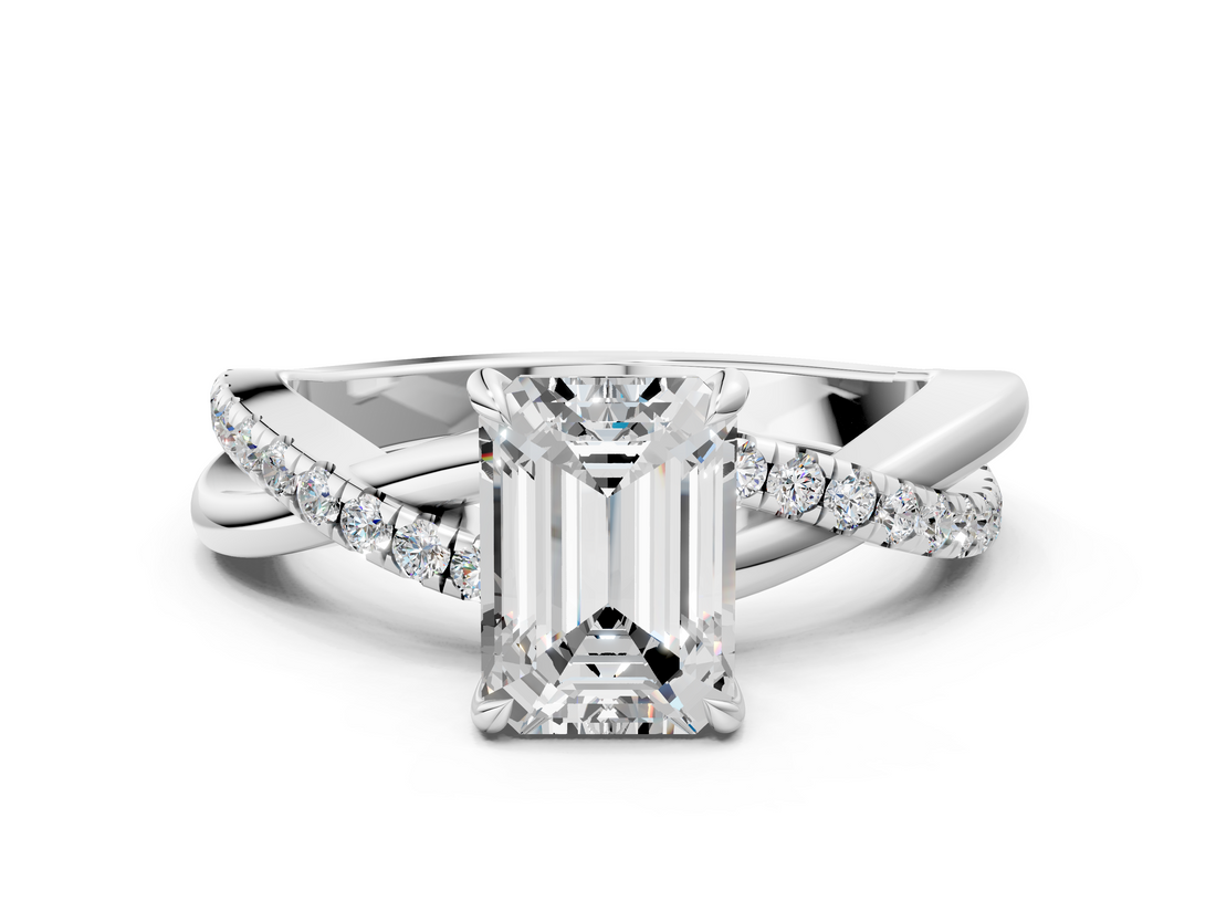 White gold Emerald Cut Diamond Twisted Band with Pavé Setting and Four-Prong Setting_55