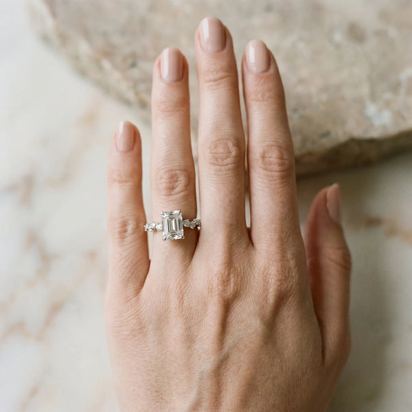 White gold Emerald Cut Diamond Vine Band with Four-Prong Setting