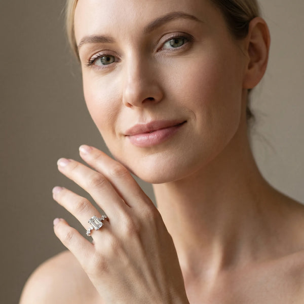 White gold Emerald Cut Diamond Vine Band with Four-Prong Setting