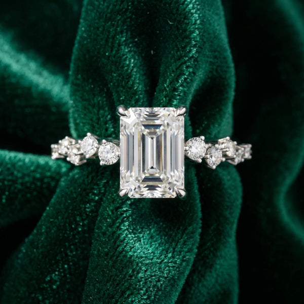 White gold Emerald Cut Diamond Vine Band with Four-Prong Setting