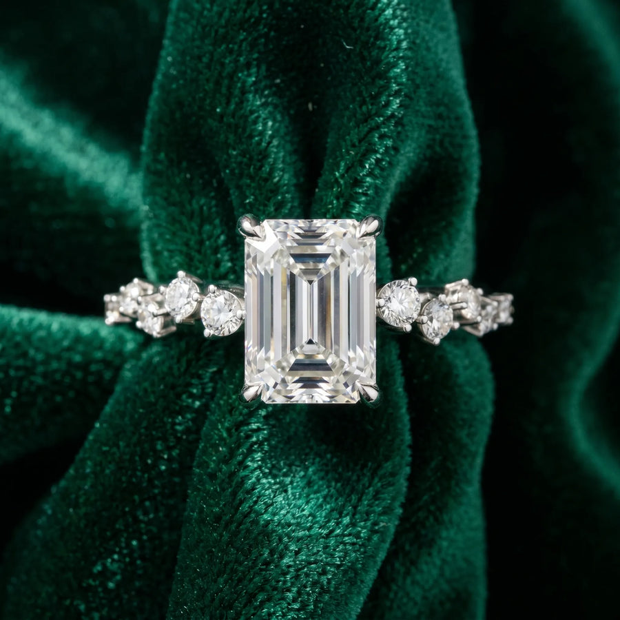 White gold Emerald Cut Diamond Vine Band with Four-Prong Setting