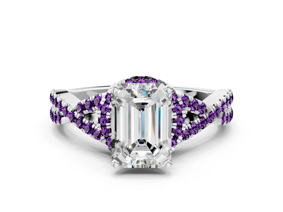 White gold Emerald Cut Diamond with Amethyst side stone Halo Twist Band Solitaire Prong Setting Ring_12