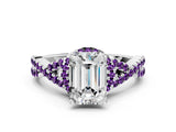 White gold Emerald Cut Diamond with Amethyst side stone Halo Twist Band Solitaire Prong Setting Ring_12