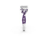 White gold Emerald Cut Diamond with Amethyst side stone Halo Twist Band Solitaire Prong Setting Ring_14