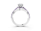 White gold Emerald Cut Diamond with Amethyst side stone Halo Twist Band Solitaire Prong Setting Ring_15