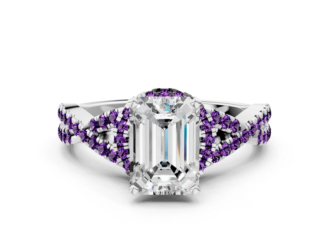 White gold Emerald Cut Diamond with Amethyst side stone Halo Twist Band Solitaire Prong Setting Ring_24