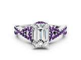 White gold Emerald Cut Diamond with Amethyst side stone Halo Twist Band Solitaire Prong Setting Ring_24