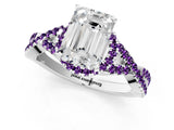 White gold Emerald Cut Diamond with Amethyst side stone Halo Twist Band Solitaire Prong Setting Ring_25