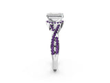 White gold Emerald Cut Diamond with Amethyst side stone Halo Twist Band Solitaire Prong Setting Ring_26
