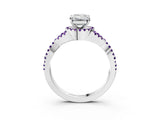 White gold Emerald Cut Diamond with Amethyst side stone Halo Twist Band Solitaire Prong Setting Ring_27