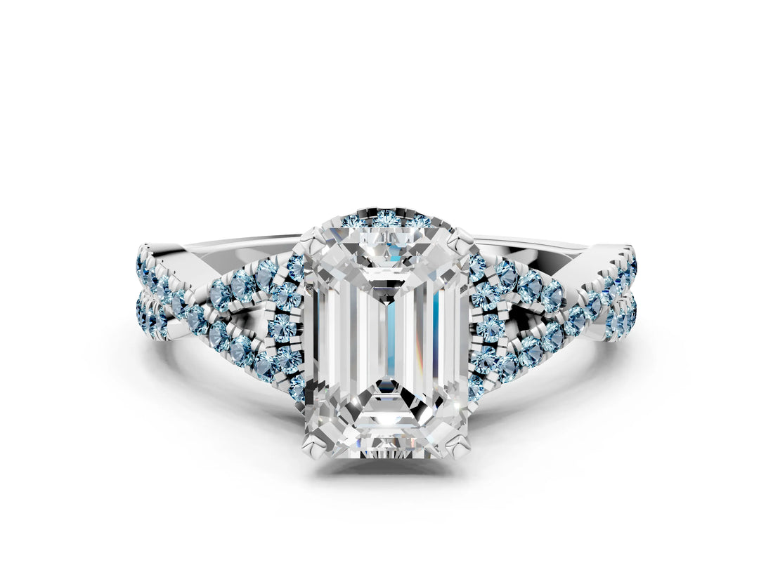 White gold Emerald Cut Diamond with Aquamarine side stone Halo Twist Band Solitaire Prong Setting Ring_12