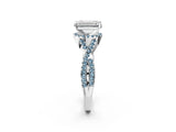 White gold Emerald Cut Diamond with Aquamarine side stone Halo Twist Band Solitaire Prong Setting Ring_14