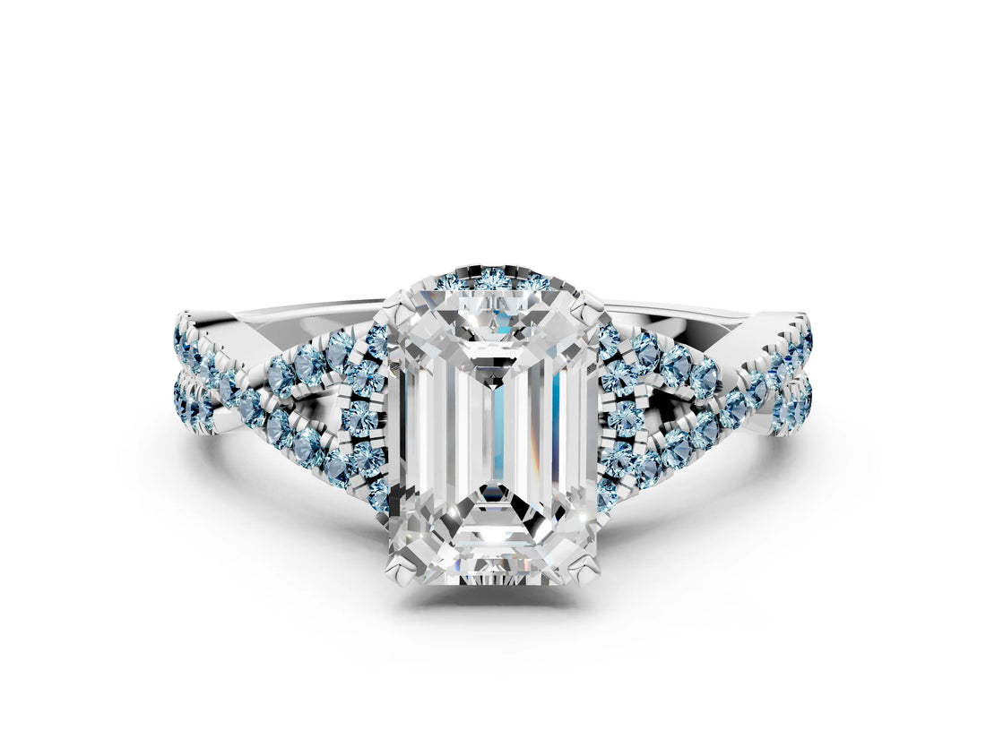White gold Emerald Cut Diamond with Aquamarine side stone Halo Twist Band Solitaire Prong Setting Ring_24