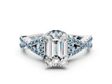 White gold Emerald Cut Diamond with Aquamarine side stone Halo Twist Band Solitaire Prong Setting Ring_24