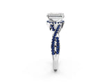 White gold Emerald Cut Diamond with Blue Sapphire side stone Halo Twist Band Solitaire Prong Setting Ring_14
