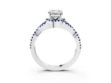 White gold Emerald Cut Diamond with Blue Sapphire side stone Halo Twist Band Solitaire Prong Setting Ring_15