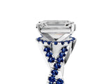 White gold Emerald Cut Diamond with Blue Sapphire side stone Halo Twist Band Solitaire Prong Setting Ring_17