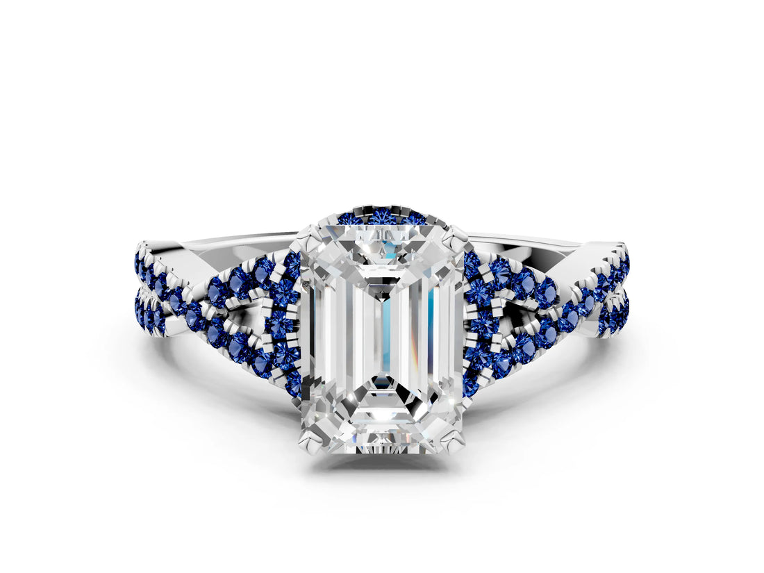 White gold Emerald Cut Diamond with Blue Sapphire side stone Halo Twist Band Solitaire Prong Setting Ring_37