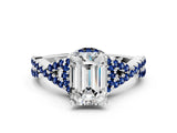 White gold Emerald Cut Diamond with Blue Sapphire side stone Halo Twist Band Solitaire Prong Setting Ring_37