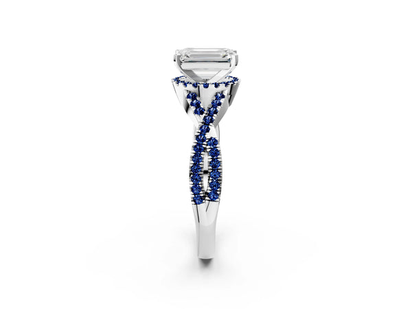 White gold Emerald Cut Diamond with Blue Sapphire side stone Halo Twist Band Solitaire Prong Setting Ring