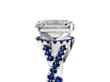 White gold Emerald Cut Diamond with Blue Sapphire side stone Halo Twist Band Solitaire Prong Setting Ring_42