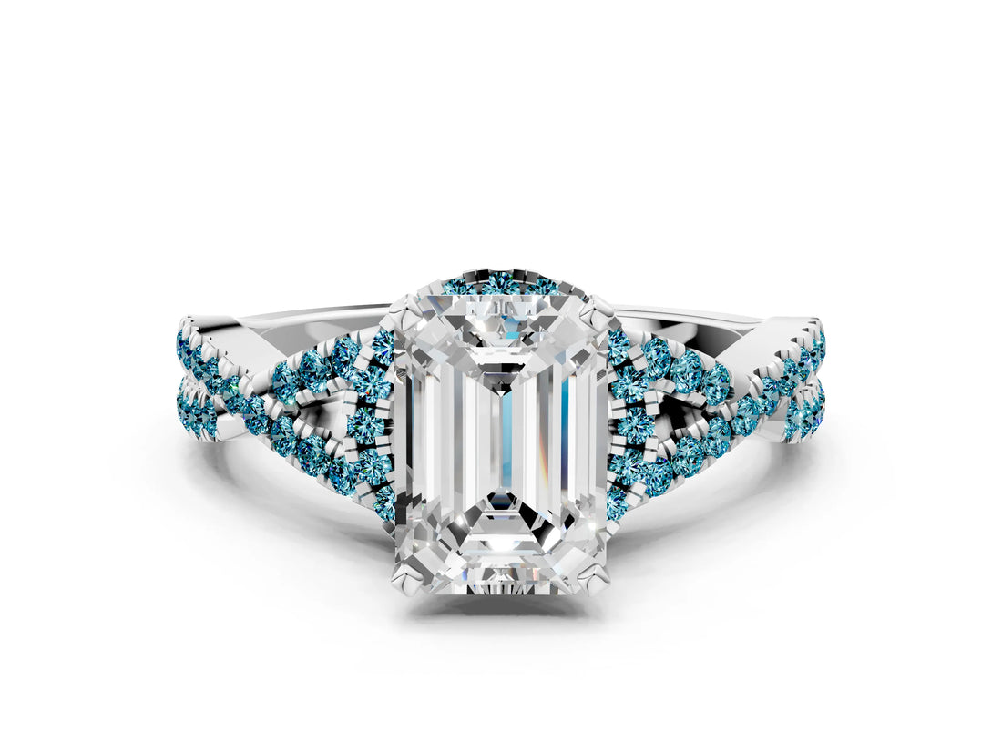 White gold Emerald Cut Diamond with Blue Topaz side stone Halo Twist Band Solitaire Prong Setting Ring_12