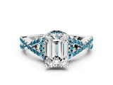 White gold Emerald Cut Diamond with Blue Topaz side stone Halo Twist Band Solitaire Prong Setting Ring_12