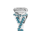 White gold Emerald Cut Diamond with Blue Topaz side stone Halo Twist Band Solitaire Prong Setting Ring_17