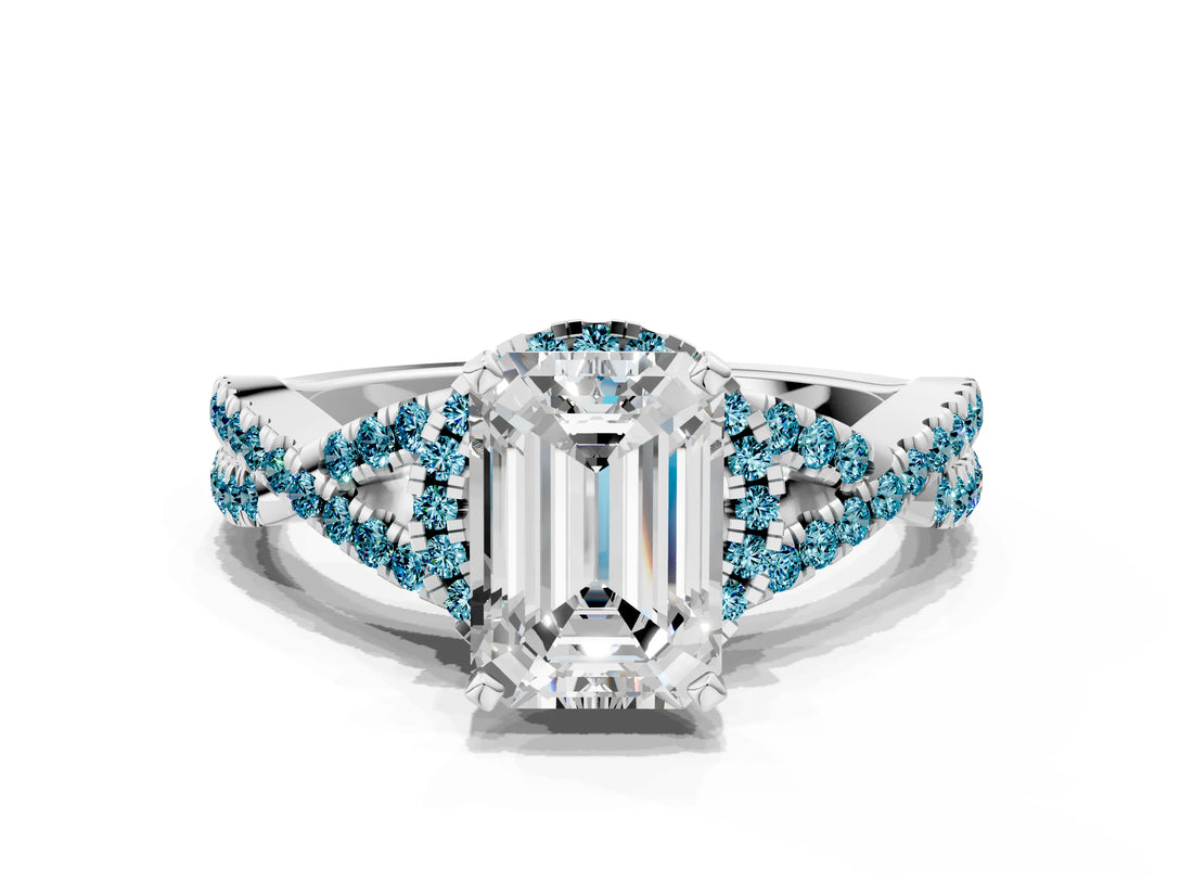 White gold Emerald Cut Diamond with Blue Topaz side stone Halo Twist Band Solitaire Prong Setting Ring_24