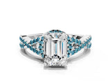 White gold Emerald Cut Diamond with Blue Topaz side stone Halo Twist Band Solitaire Prong Setting Ring_24