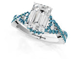 White gold Emerald Cut Diamond with Blue Topaz side stone Halo Twist Band Solitaire Prong Setting Ring_25