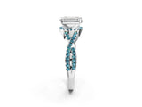 White gold Emerald Cut Diamond with Blue Topaz side stone Halo Twist Band Solitaire Prong Setting Ring_26