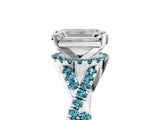 White gold Emerald Cut Diamond with Blue Topaz side stone Halo Twist Band Solitaire Prong Setting Ring_29