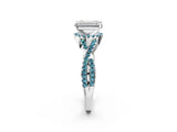 White gold Emerald Cut Diamond with Blue Topaz side stone Halo Twist Band Solitaire Prong Setting Ring_38