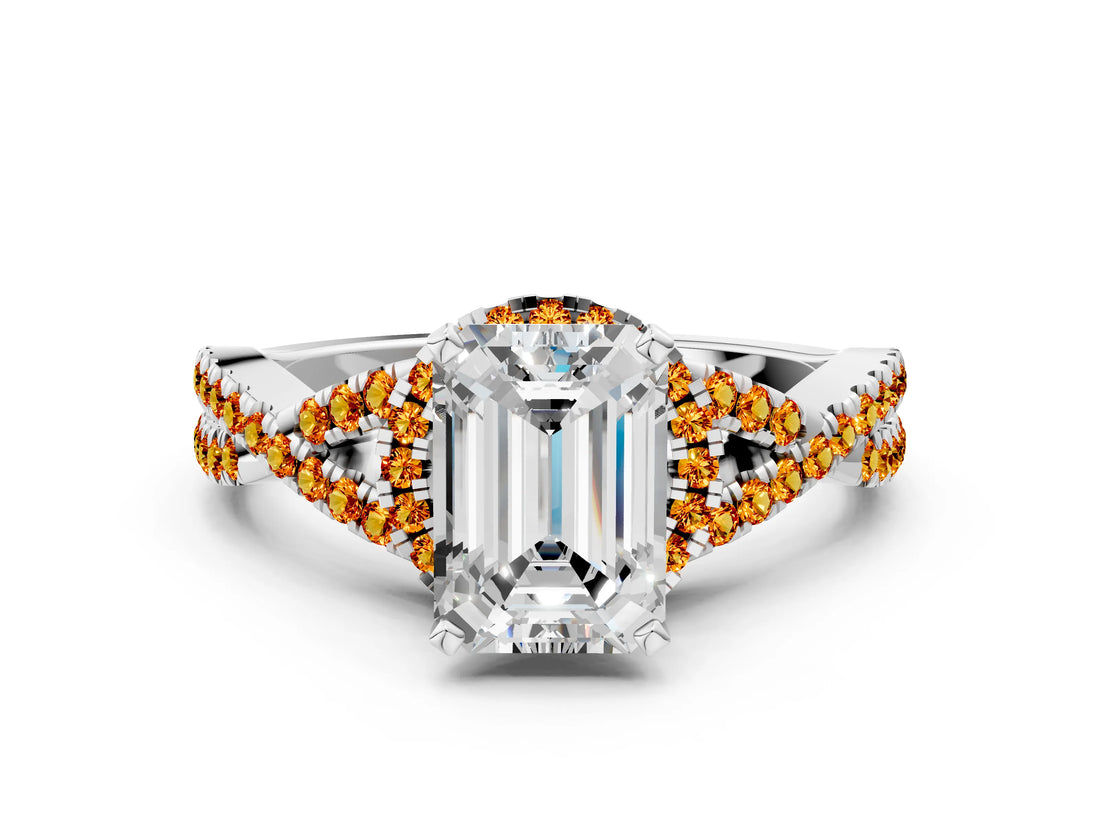 White gold Emerald Cut Diamond with Citrine side stone Halo Twist Band Solitaire Prong Setting Ring_24