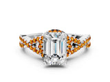 White gold Emerald Cut Diamond with Citrine side stone Halo Twist Band Solitaire Prong Setting Ring_24