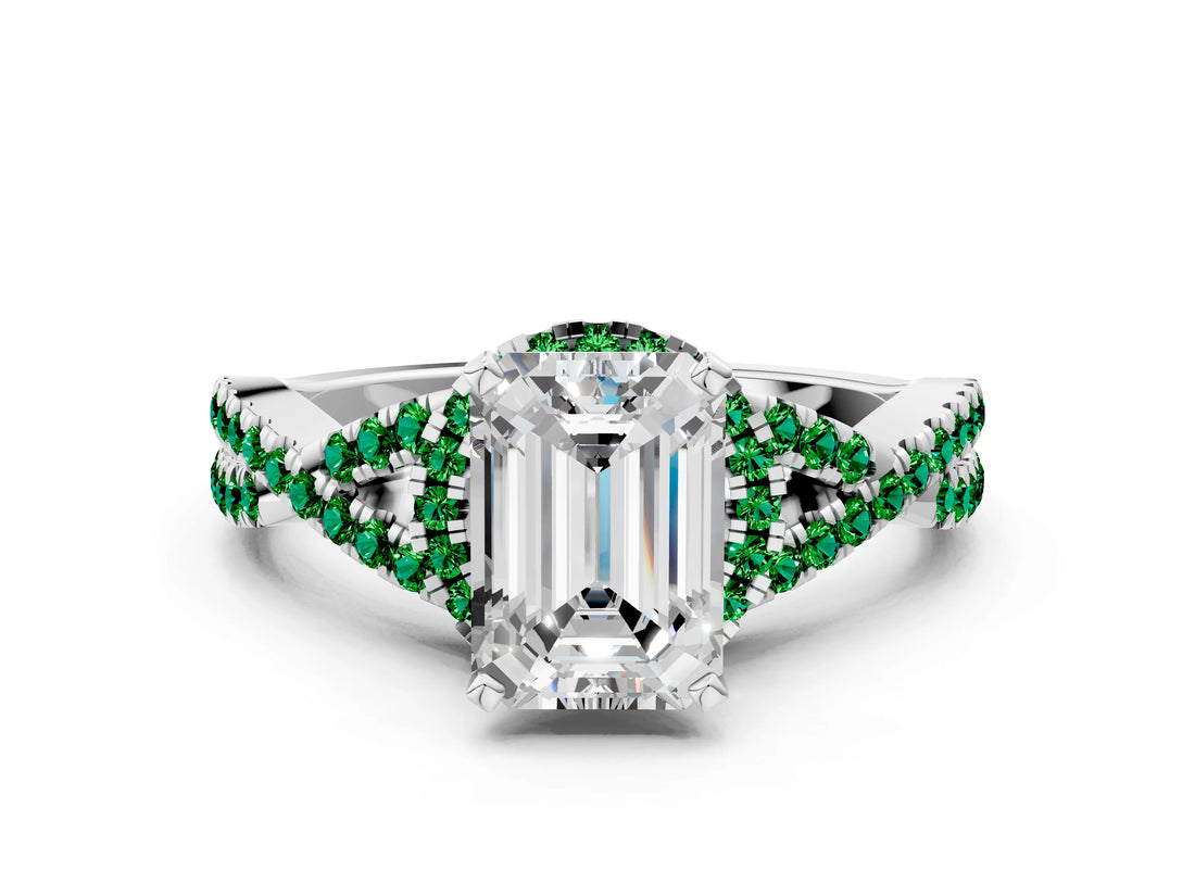 White gold Emerald Cut Diamond with Emerald side stone Halo Twist Band Solitaire Prong Setting Ring_12
