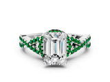 White gold Emerald Cut Diamond with Emerald side stone Halo Twist Band Solitaire Prong Setting Ring_12