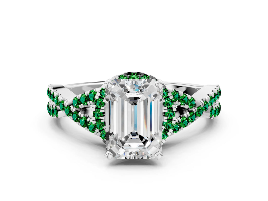 White gold Emerald Cut Diamond with Emerald side stone Halo Twist Band Solitaire Prong Setting Ring_24