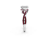 White gold Emerald Cut Diamond with Garnet side stone Halo Twist Band Solitaire Prong Setting Ring_14