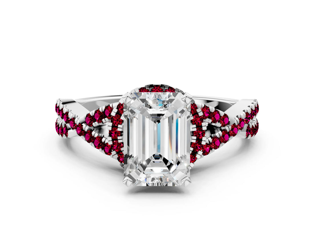 White gold Emerald Cut Diamond with Garnet side stone Halo Twist Band Solitaire Prong Setting Ring_24