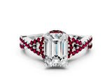 White gold Emerald Cut Diamond with Garnet side stone Halo Twist Band Solitaire Prong Setting Ring_24